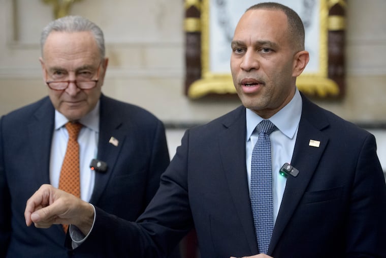 House Minority Leader Hakeem Jeffries (D., N.Y.) (right) and Senate Minority Leader Chuck Schumer (D., N.Y.) during a February news conference. Readers suggest different political strategies for the Democratic Party.