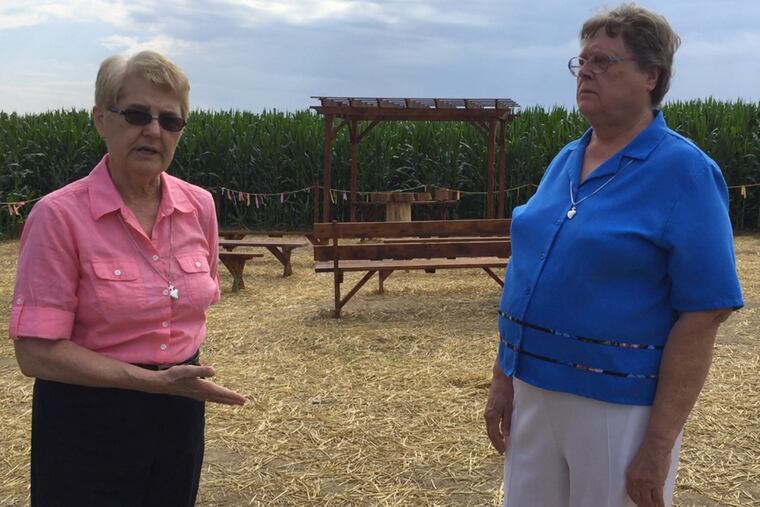 Sisters Bernice Klostermann and George Ann Biscan, both Roman Catholic nuns, in front of an arbor, that some call a prayer chapel, erected in a clearing on the order's Lancaster County farm in an attempt to protest the planned Atlantic Sunrise pipeline that would run through the field.