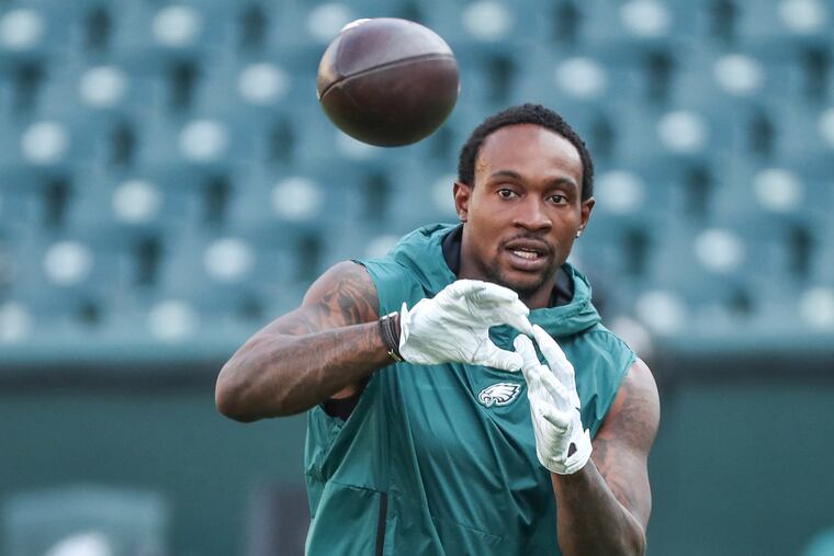 Eagle reciever Alshon Jeffrey plays catch during warm ups prior to the game against the Falcons at Lincoln Financial Field on September 6, 2018.