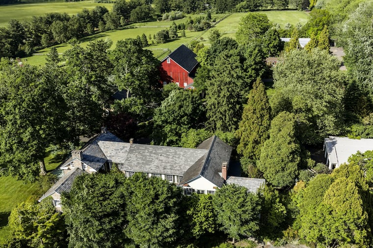 Aerial view of the 30-acre Paxson Hill Farm in Solebury Township, Bucks County, complete with extensive gardens, which is for sale for $5 million.