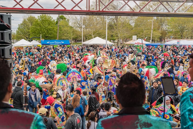 People gather in Sacks Park for a live music performance during the 2019 Carnaval de Puebla.