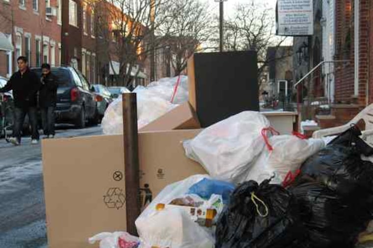 At Eighth and Montrose Streets, trash piles up in anticipation of pickup. Might they get the street-sweeping pilot? Who knows?