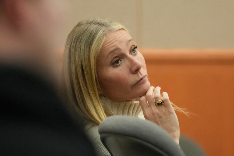 Actor Gwyneth Paltrow looks on as she sits in the courtroom on Tuesday in Park City, Utah. Paltrow's trial over a 2016 ski collision began in the Utah ski resort town of Park City, where she is accused of crashing into a skier at Deer Valley Resort.