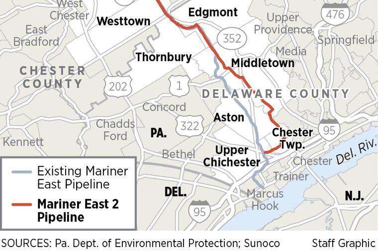 This map shows the path that Sunoco Logistics Mariner East 2 pipeline will cut through Delaware County.