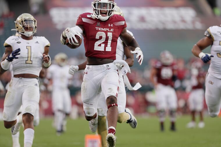 Temple's Jager Gardner reacts as he runs into the end zone and realizes that he stepped out of bounds before.