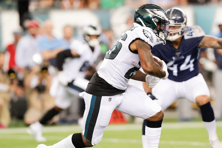 Eagles running back Miles Sanders runs with the football against the Tennessee Titans in a preseason game on Thursday, August 8, 2019 in Philadelphia.