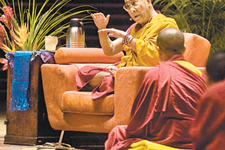 The Dalai Lama, spiritual leader of Tibetan Buddhism, speaks at the Kimmel Center after visiting a Buddhist temple in North Philadelphia. His core message while in town yesterday was that ritual observance isn’t enough. “It is very, very essential to study Buddhist philosophy” and to practice kindness and compassion.