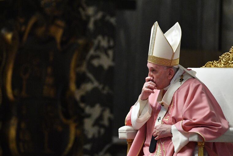 Pope Francis, shown celebrating Mass on Sunday.