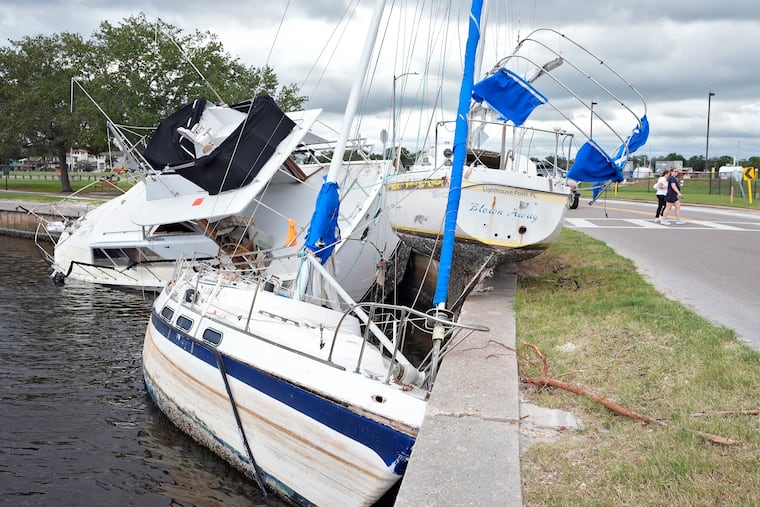 Boats destroyed during Hurricane Helene are shown on the Davis Islands Yacht Basin ahead of the possible arrival of Hurricane Milton on Monday, Oct. 7, 2024, in Tampa, Fla.