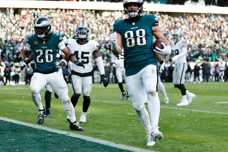 Eagles tight end Dallas Goedert scores one of his two red zone touchdowns in Sunday's win over the Raiders.