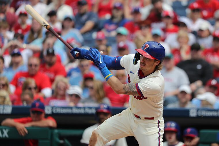 Philadelphia Phillies Bryson Stott battles at the plate as the Phillies play the Boston Red Sox at Citizens Bank Park in Philadelphia, Pa. on Sunday, May 7, 2023. Phillies win 6-1.