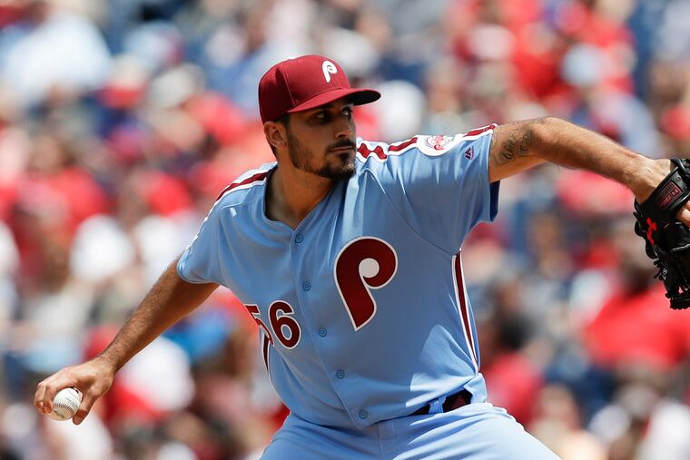 Phillies pitcher Zach Eflin throws the baseball against the Milwaukee Brewers on Thursday, May 16, 2019 in Philadelphia.