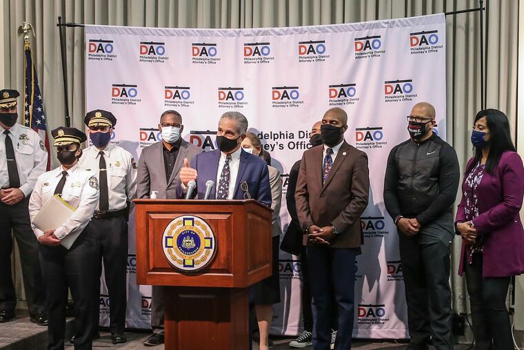 Philadelphia District Attorney Larry Krasner speaking during a press conference on November 4, 2020. The portable backdrop, or one similar, seen here behind Krasner was part of a controversy that erupted Friday evening.