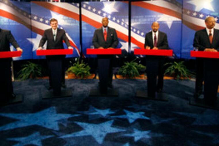The candidates at last night's debate at Drexel University (from left): U.S. Rep. Bob Brady, Tom Knox, State Rep. Dwight Evans, Michael Nutter, U.S. Rep. Chaka Fattah.