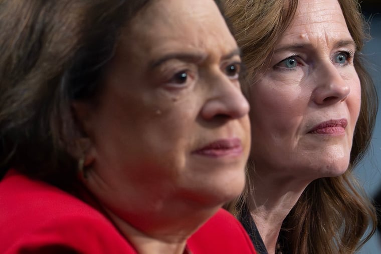 Supreme Court Justices Elena Kagan (left) and Amy Coney Barrett testify during a House Appropriations subcommittee hearing, Tuesday, July 14, 2026, on Capitol Hill in Washington.