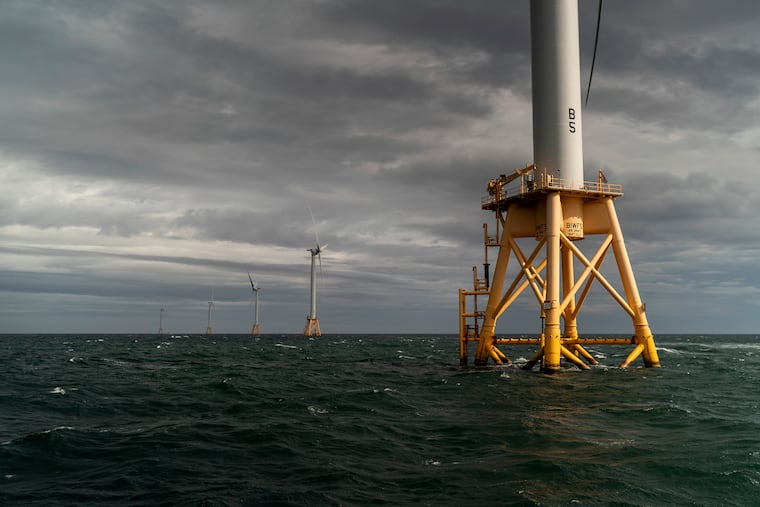 The five turbines of America's first offshore wind farm, owned by the Danish company, Orsted, stand off the coast of Block Island, R.I.