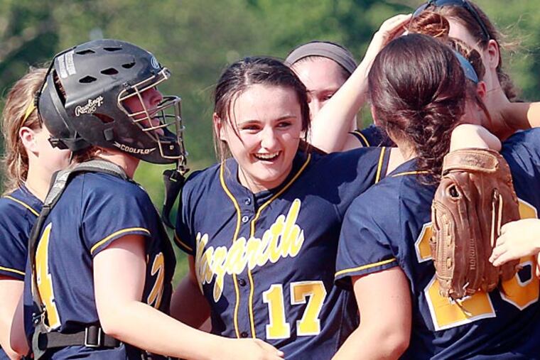 Nazareth High School wining pitcher, Taylor Lichtenhan (center)
and other players are cerebrating after wining 2 to 1 over Chichester. (Akira Suwa/Staff Photographer)