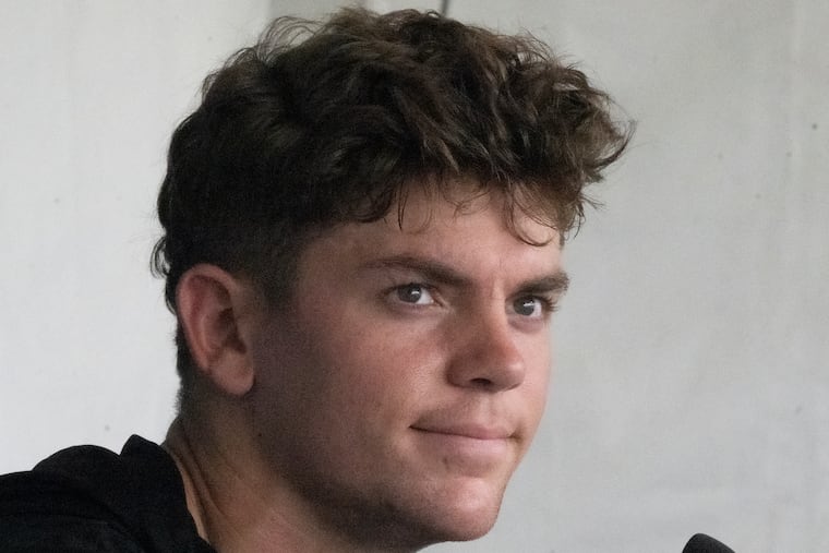 Cooper DeJean talking to the media on Monday. DeJean says he feels “more comfortable” at safety now than he did at the start of training camp.