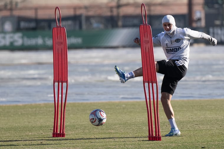 Cavan Sullivan working out in the cold last week, before the Union left for their preseason camp in Marbella, Spain.