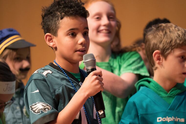 Andrew Luber-Solic is the boy (center) speaks about the importance of the First Amendment as part of the he team from Glenwood Elementary School, one of the 10 finalists in the PECO Citizenship Challenge on Dec. 12, 2019 at the National Constitution Center.