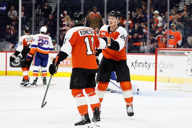Flyers right wing Travis Konecny (left) and defenseman Nick Seeler could both return to the lineup as soon as Monday against the New York Rangers.