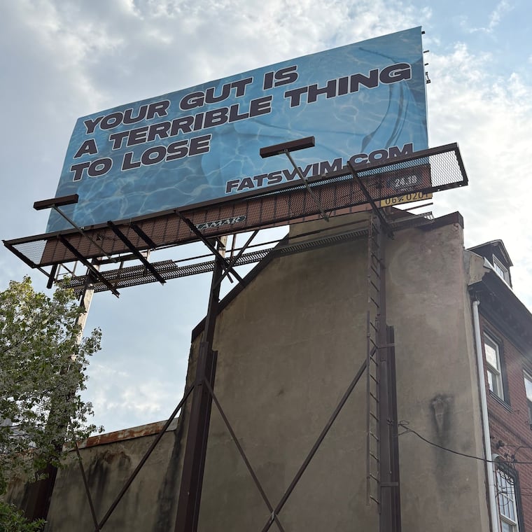 Emma Copley Eisenberg's billboard touting the website that announces her newest collection of short stories, "Fat Swim"  The  billboard is visible from I-95N right before you get to the Girard Avenue exit.