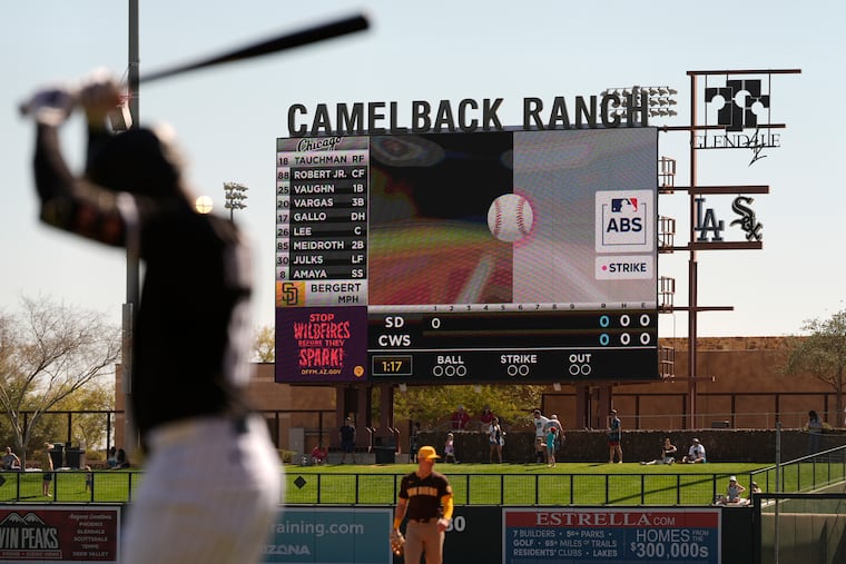 The Automated Ball-Strike System plays on the scoreboard after a pitch was challenged during a spring training game between the Chicago White Sox and the San Diego Padres in February.