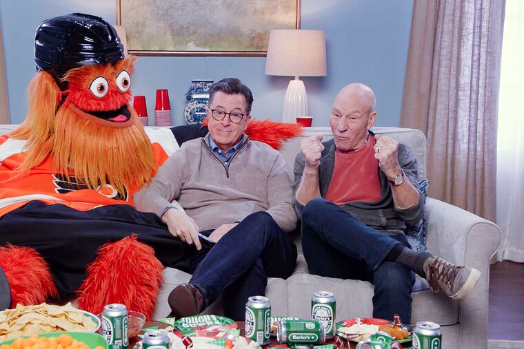 Gritty hangs out with Stephen Colbert and Patrick Stewart to watch the Super Bowl