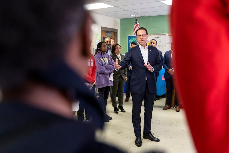 Gov. Josh Shapiro speaks to a classroom of freshmen about his budget and his hopes for education at George Washington Carver High School for Engineering & Science in Philadelphia.