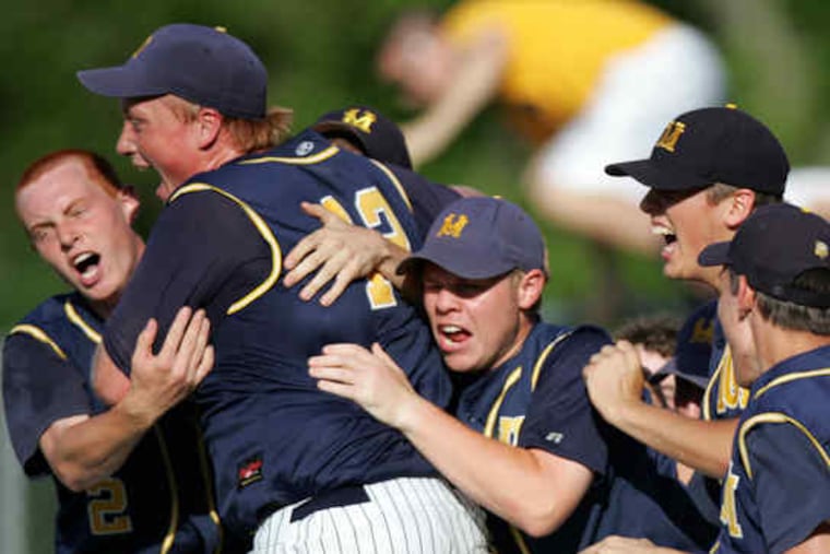 Upper Merion players (from left) Chris Baker, Ben Dworecki, Tom Foy, Joel Paradis, and Ryan Dolga celebrate after a fifth-inning rally over Kennett propelled them to the crown.