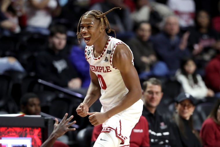 Temple's Khalif Battle celebrates after stripping the ball away during a game against Delaware at the Liacouras Center.