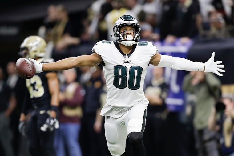 Jordan Matthews of the Eagles celebrates a touchdown reception against the New Orleans Saints in the playoffs last January.