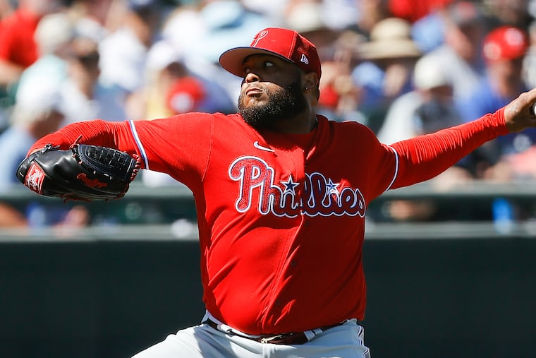 Phillies pitcher José Alvarado throws the baseball during a spring training game against the Pittsburgh Pirates at LECOM Park in Bradenton, Florida on Monday, February 27, 2023.