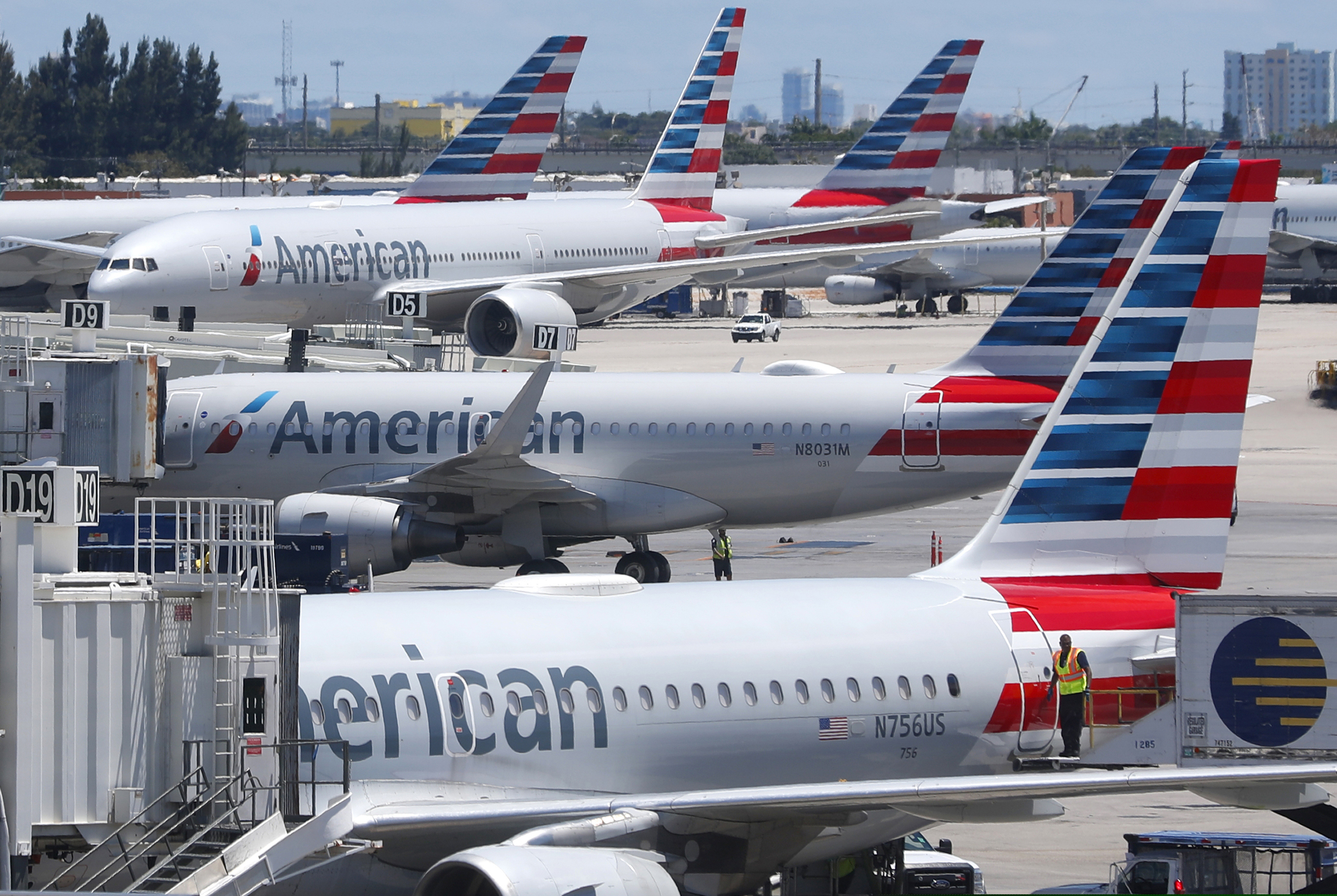 American Airlines aircraft are shown parked at their gates at Miami International Airport in April.