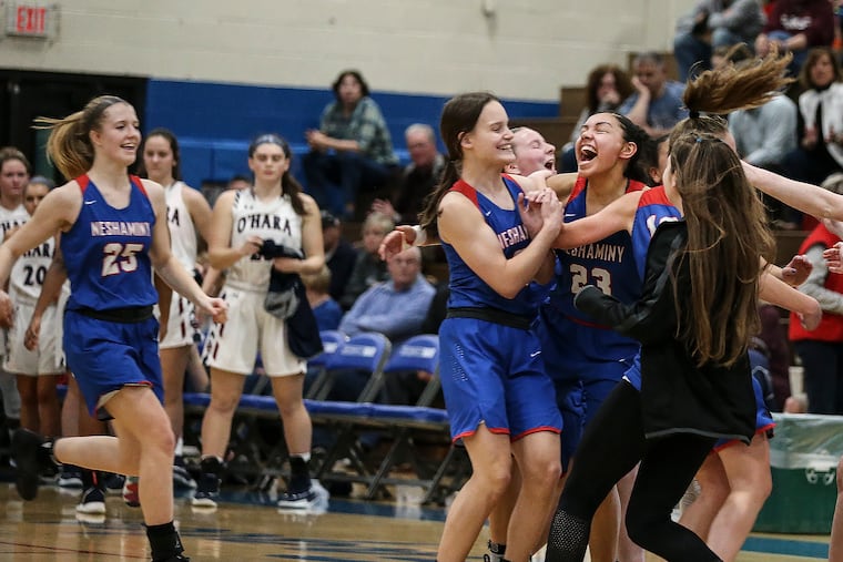 Neshaminy celebrates after beating Cardinal O'Hara 47-35 to advance in the PIAA Class 6A semifinals.