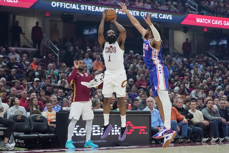 Cleveland Cavaliers guard James Harden (left) joined the 29,000 career point club during their win over the Sixers on Monday.