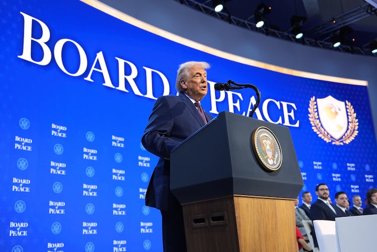 President Donald Trump speaks during a Board of Peace charter announcement during the Annual Meeting of the World Economic Forum in Davos, Switzerland, Thursday, Jan. 22, 2026. The board's first meeting will be held Thursday.