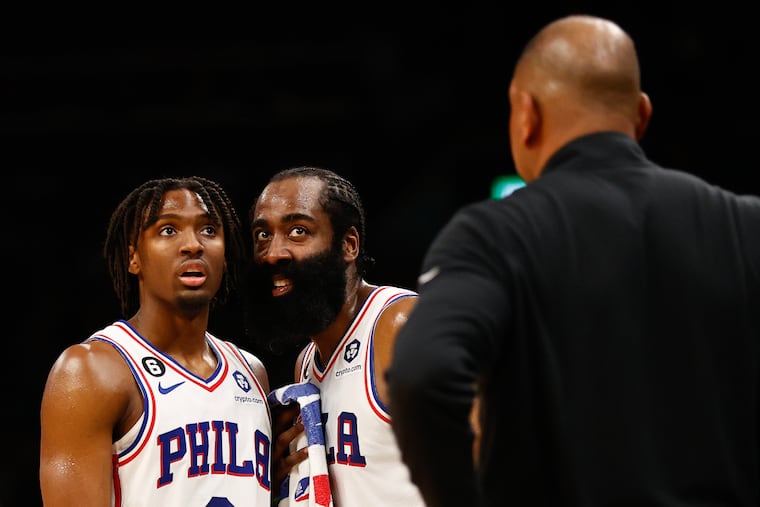 James Harden (center), Tyrese Maxey, and the Sixers are one win away from the Eastern Conference finals after Tuesday night’s win over the Celtics.
