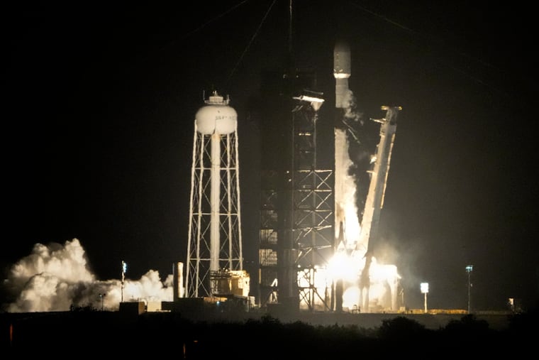 A SpaceX Falcon 9 rocket lifts off from pad 39A with a payload of a pair of lunar landers at the Kennedy Space Center in Cape Canaveral, Fla., Jan. 15, 2025. The rocket's upper stage is expected to crash into the moon on Wednesday.