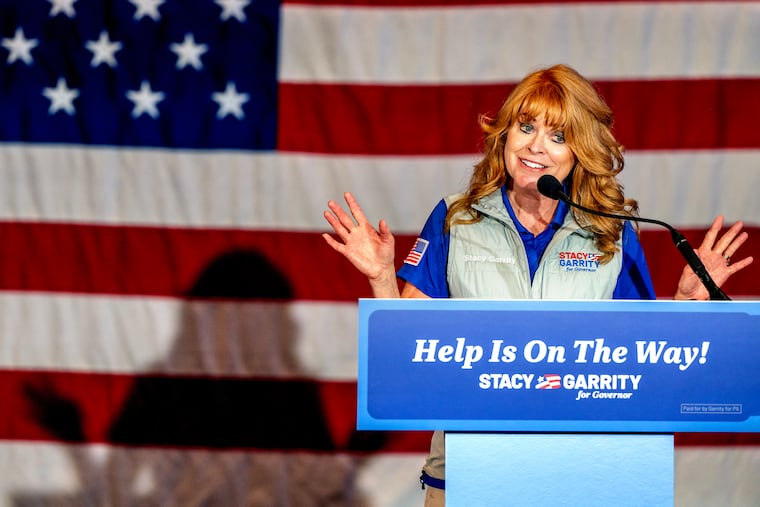 State Treasurer Stacy Garrity, a Republican candidate for governor, holds a rally in Bucks County at the Newtown Sports & Events Center in September.