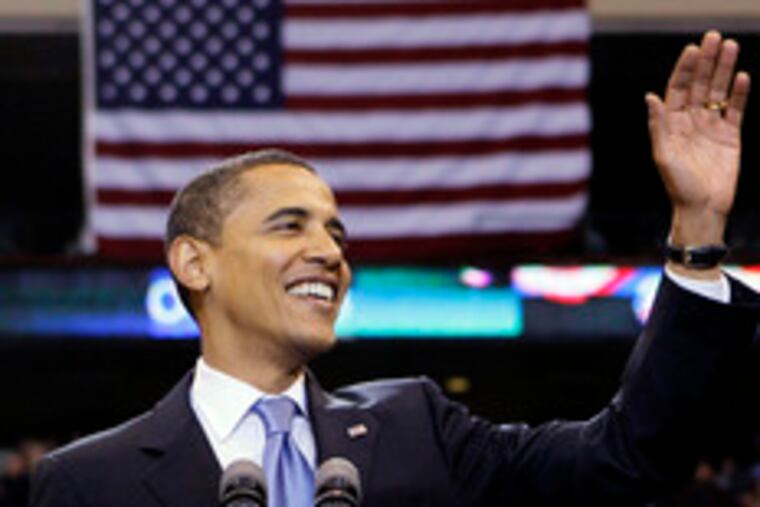 Sen. Barack Obama arrives for a rally in St. Paul, Minn., where Republicans will hold their national convention in September.