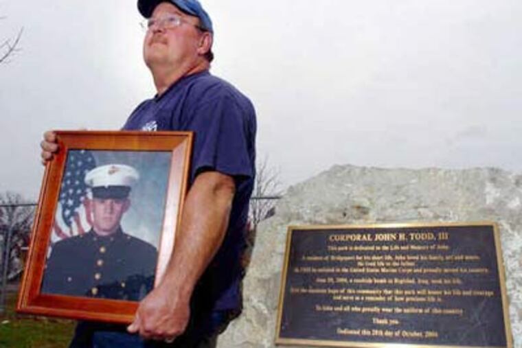 It’s what John H. Todd Jr. has now of his son: A plaque and a picture — “but I’d rather have him back.” John H. Todd III of Bridgeport died in Iraq in 2004. (Clem Murray / Staff Photographer)