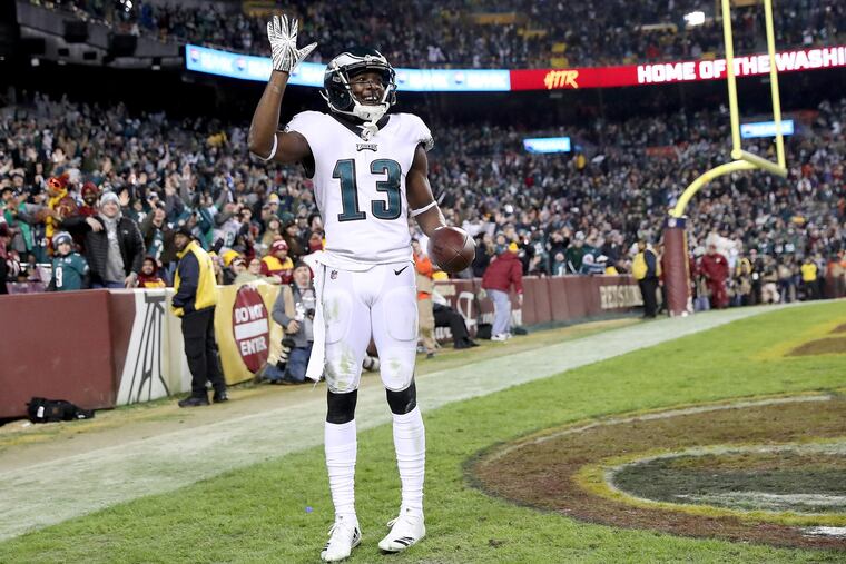 Eagles wide receiver Nelson Agholor waves to the crowd after scoring in the 4th quarter against Washington. The Philadelphia Eagles win 24-0 over the Washington Redskins at FedExField in Landover, MD on December 30, 2018.