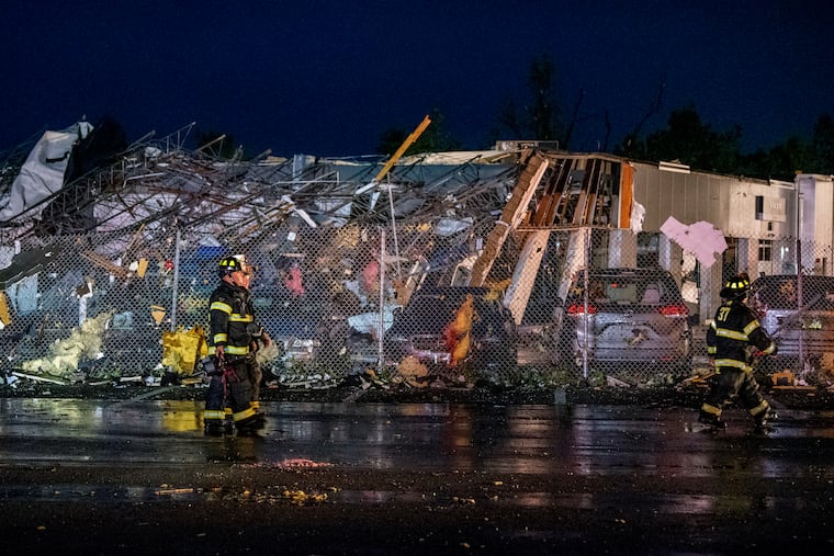The scene at Faulkner Auto Group service center after a tornado hit in Trevose on July 28.