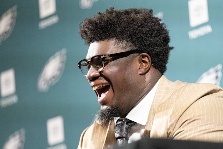 Eagles defensive tackle Jordan Davis speaks during a news conference about his new contract on Wednesday.