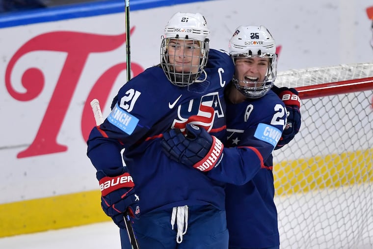 Hilary Knight (left) and Alex Carpenter are two of the big names on this year's U.S. women's hockey team.
