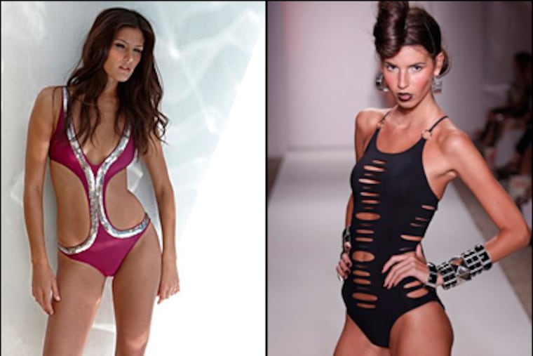 Two of this year's peak-a-book style swimsuits: At left, a swimsuit by designer Melissa Odabas. At right, a suit by Red Carter. (AP photos)