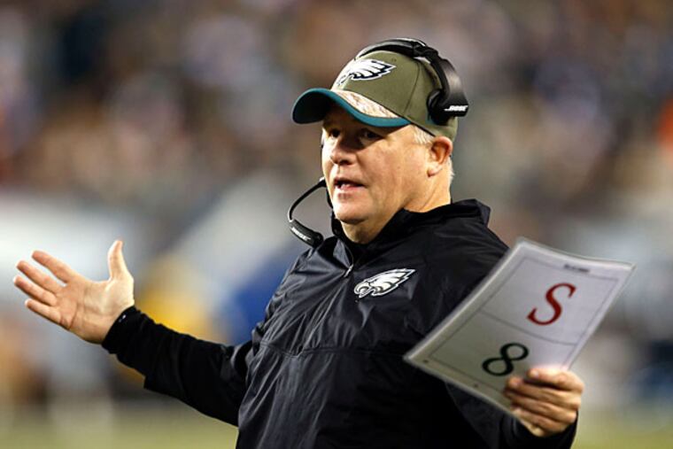 Chip Kelly questions a call during Sunday night’s loss to Dallas. (Yong Kim/Staff Photographer)