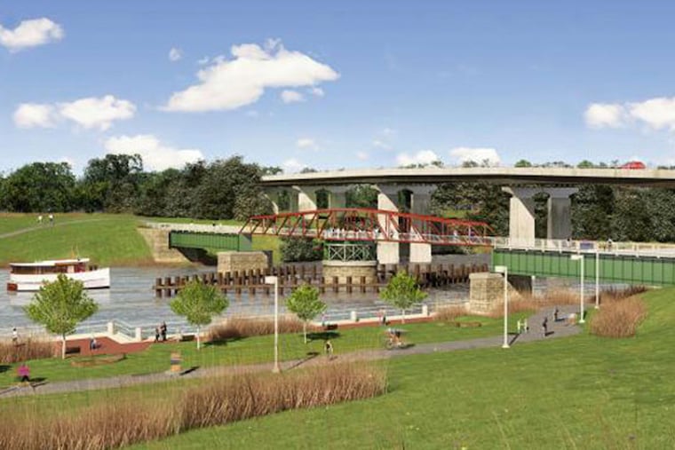 A rendering of a swing bridge proposed to connect the Grays Ferry crescent with Bartram's Mile.