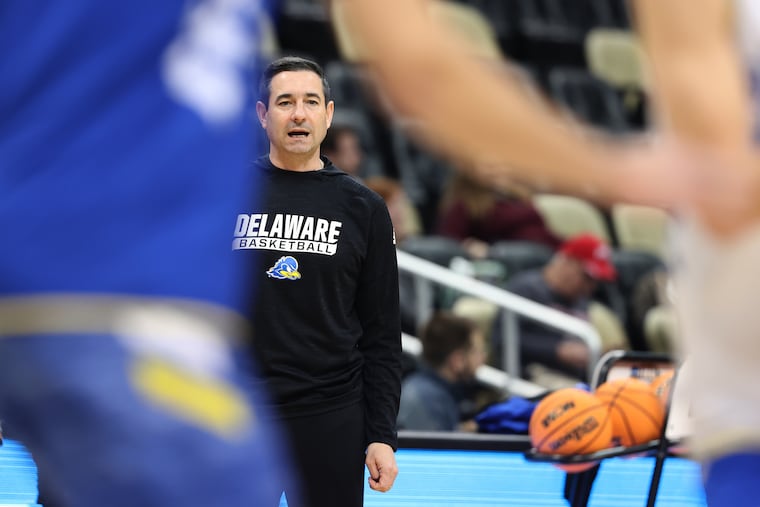Delaware coach Martin Ingelsby runs his team through a practice Thursday in preparation for the Blue Hens' matchup Friday against Villanova.